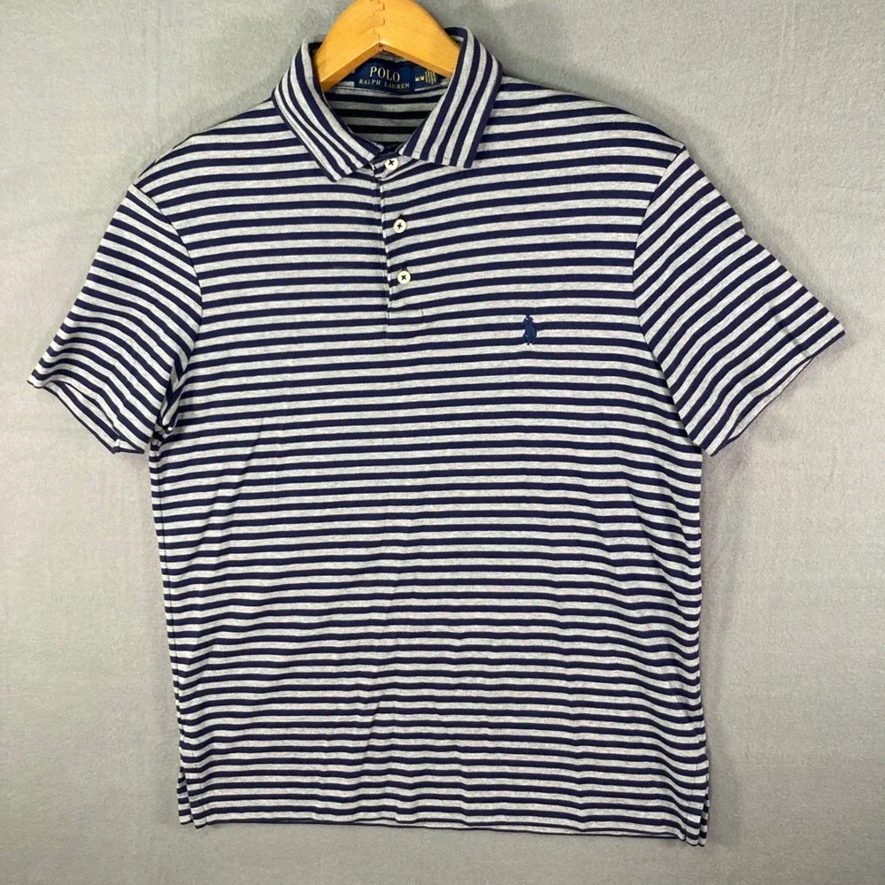 Polo Ralph Lauren Mens Polo Shirt Medium Blue Gray Striped Cotton Classic Casual